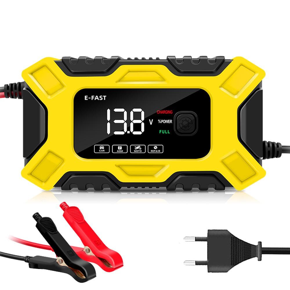 E-FAST Car Battery Chargers 12V/6A Full Automatic Battery Chargers Maintainer 3-Stage Portable EU Plug yellow