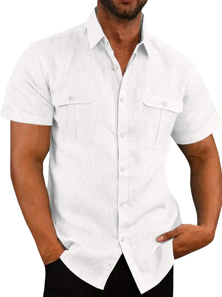 European and American Men's Shirt, Double Pocket Cotton Linen Short Sleeved Shirt, Casual Vacation Shirt L white