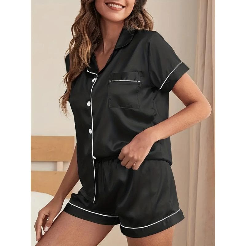 Chic Faux Silk Pajamas Set for Women Short Sleeve Button-Down Top & Comfy Shorts with Elastic Waistband Ideal for Lounging Sleep M