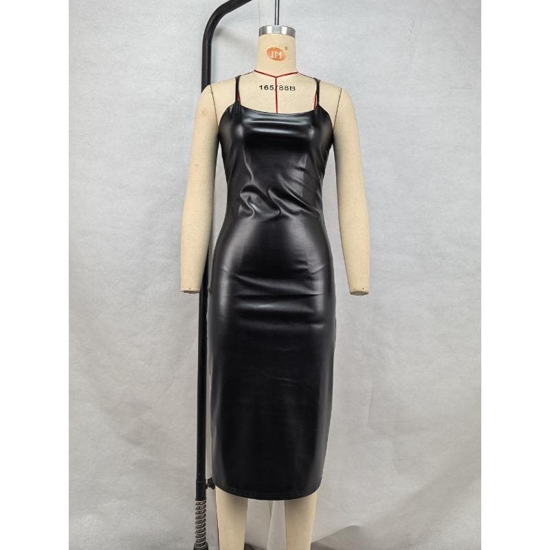 Slings and Slit Dress PU Leather Nightclub Sexy Backless Straps and Buttocks L black