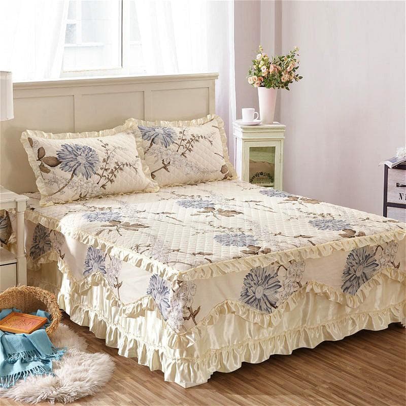 100% Cotton King Queen Size Princess Lace Bed Skirt Thicken Quilted Bedspread Pure Cotton Bed Cover Not Including Pillowcase 200x220x45cm 1pc