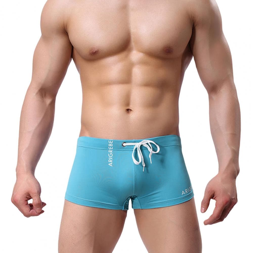 Men Swimming Shorts Drawstring Elastic Waist Soft Quick Dry Breathable Slim Fit Solid Color U Convex Mid Waist Bathing Boxers Su XXL sky blue