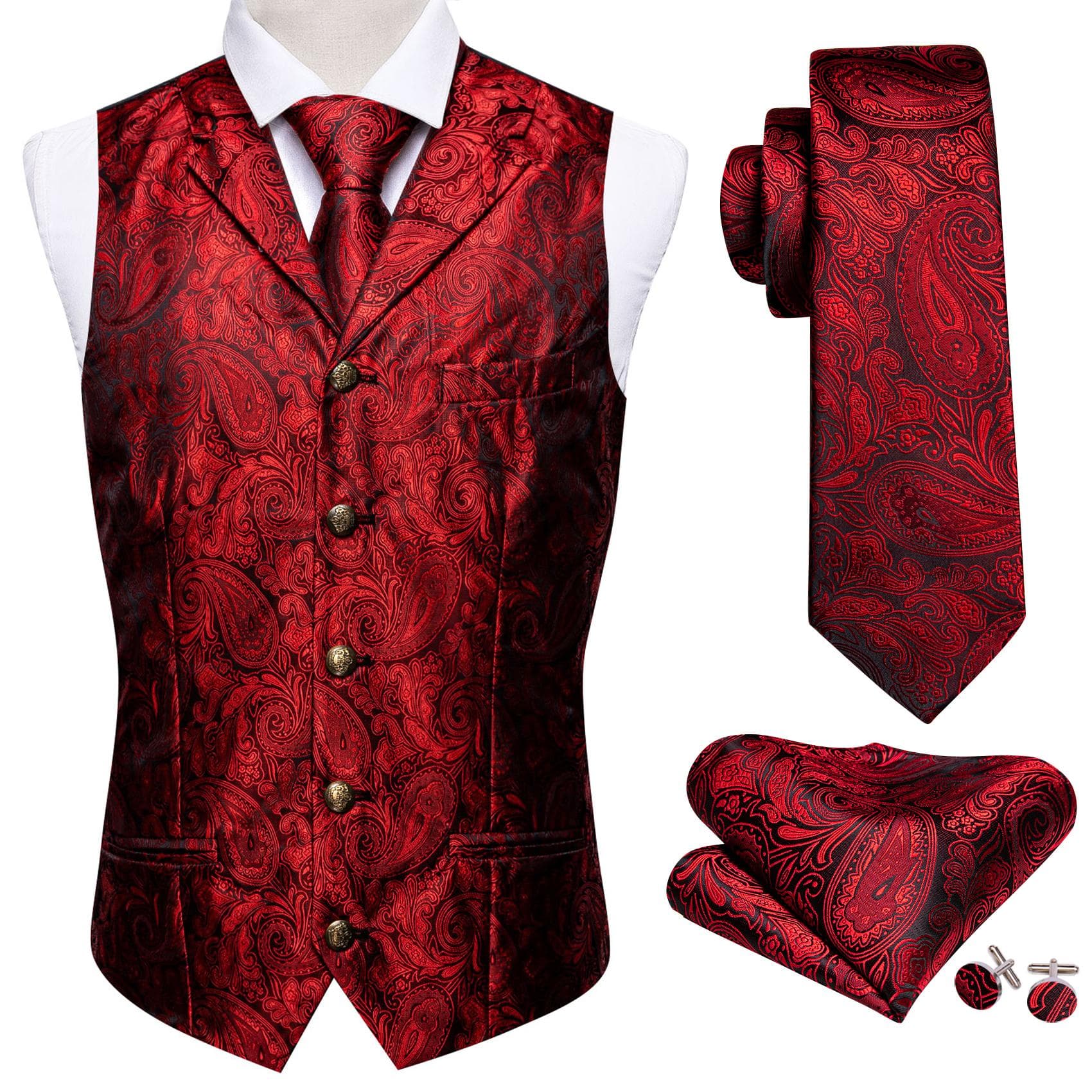Barry.Wang Mens Waistcoat Vest Tie Hankerchief Cufflinks Dark Red Paisley Collar Copper Buckle Jacquard Woven Silk Wedding Dating Party Set S