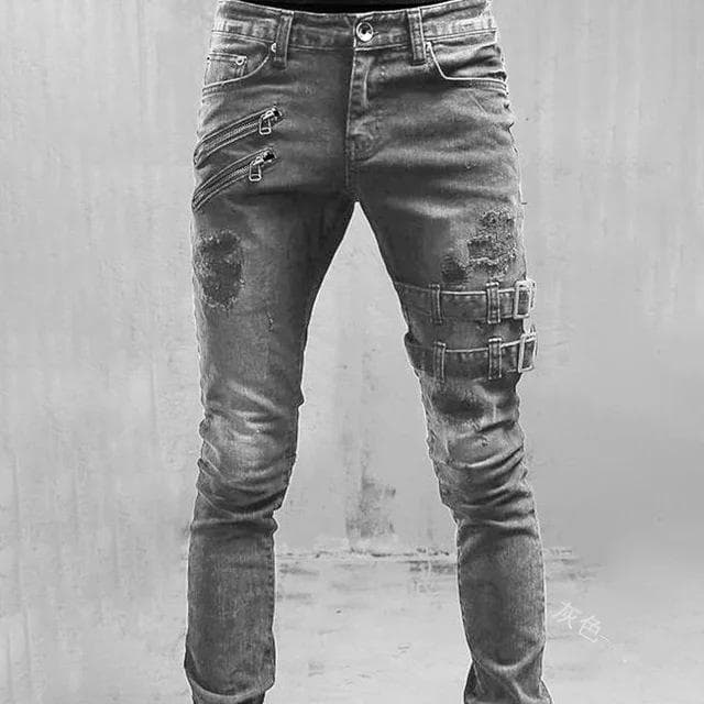 Europe and the United States biker personality elastic small leg jeans XXXL gray