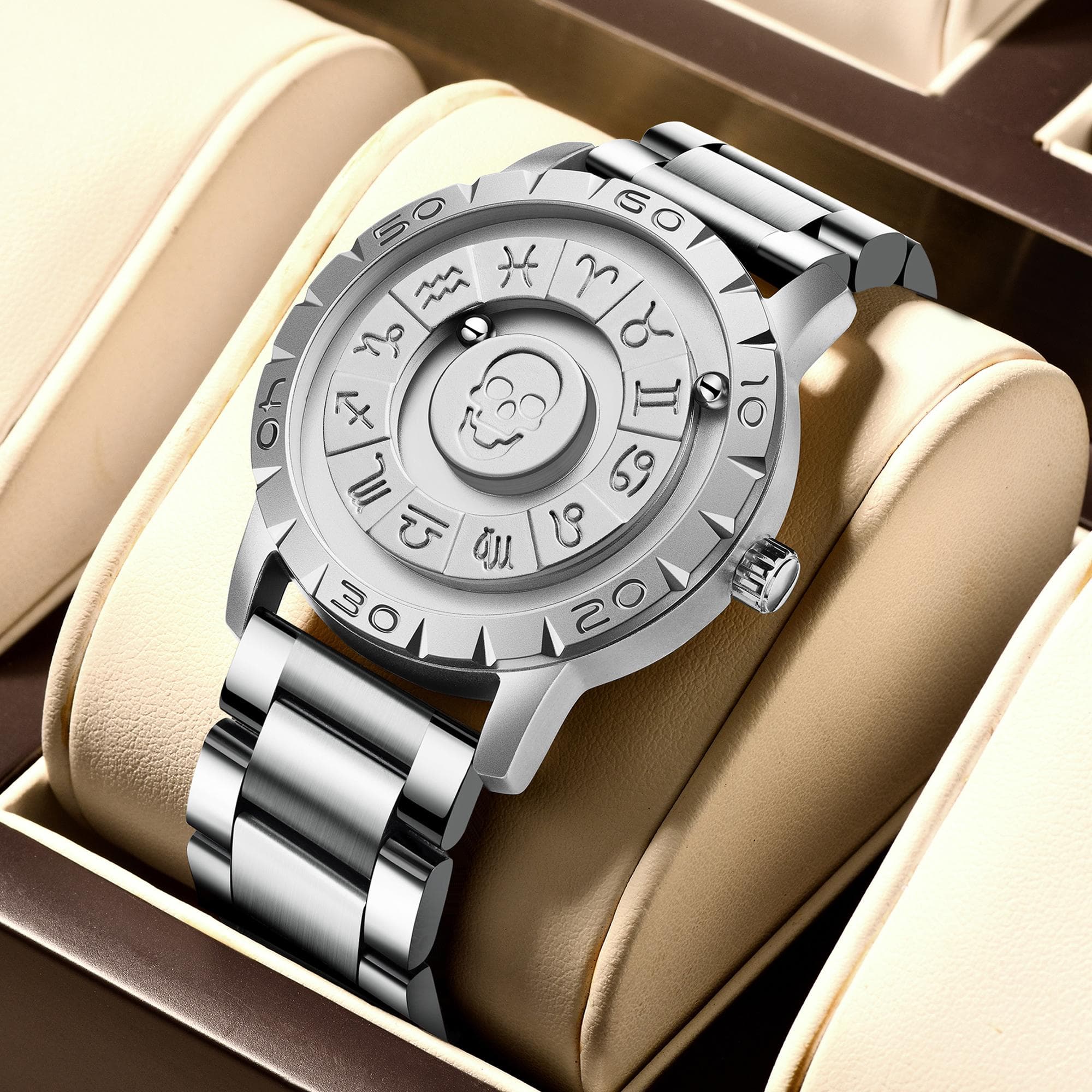 LIGE Brand FOXBOX New Personalized Original Men Quartz Watch Skull dial Magnetic Ball Design Waterproof Quartz Watch Men's Gift Steel strap silver
