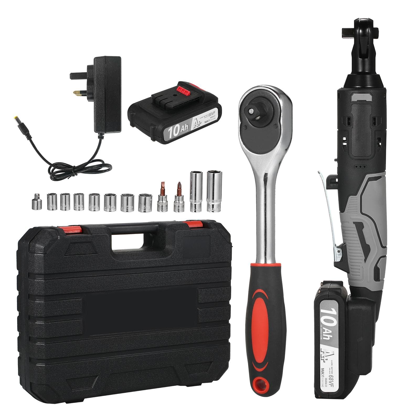 Cordless Electric Ratchet Wrench Set 3/8'' 320 RPM 21V Battery Powered Ratcheting Wrench Tool Kit UK Plug & 2 Battery black