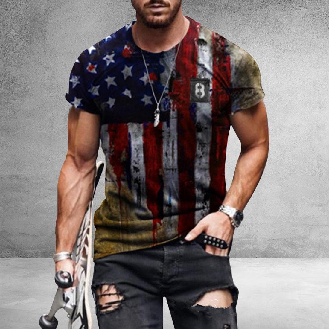 Men's T-shirt American Flag Print T-shirt Summer Round Neck Cool Oversize Muscle Streetwear Clothing Tshirt Men M