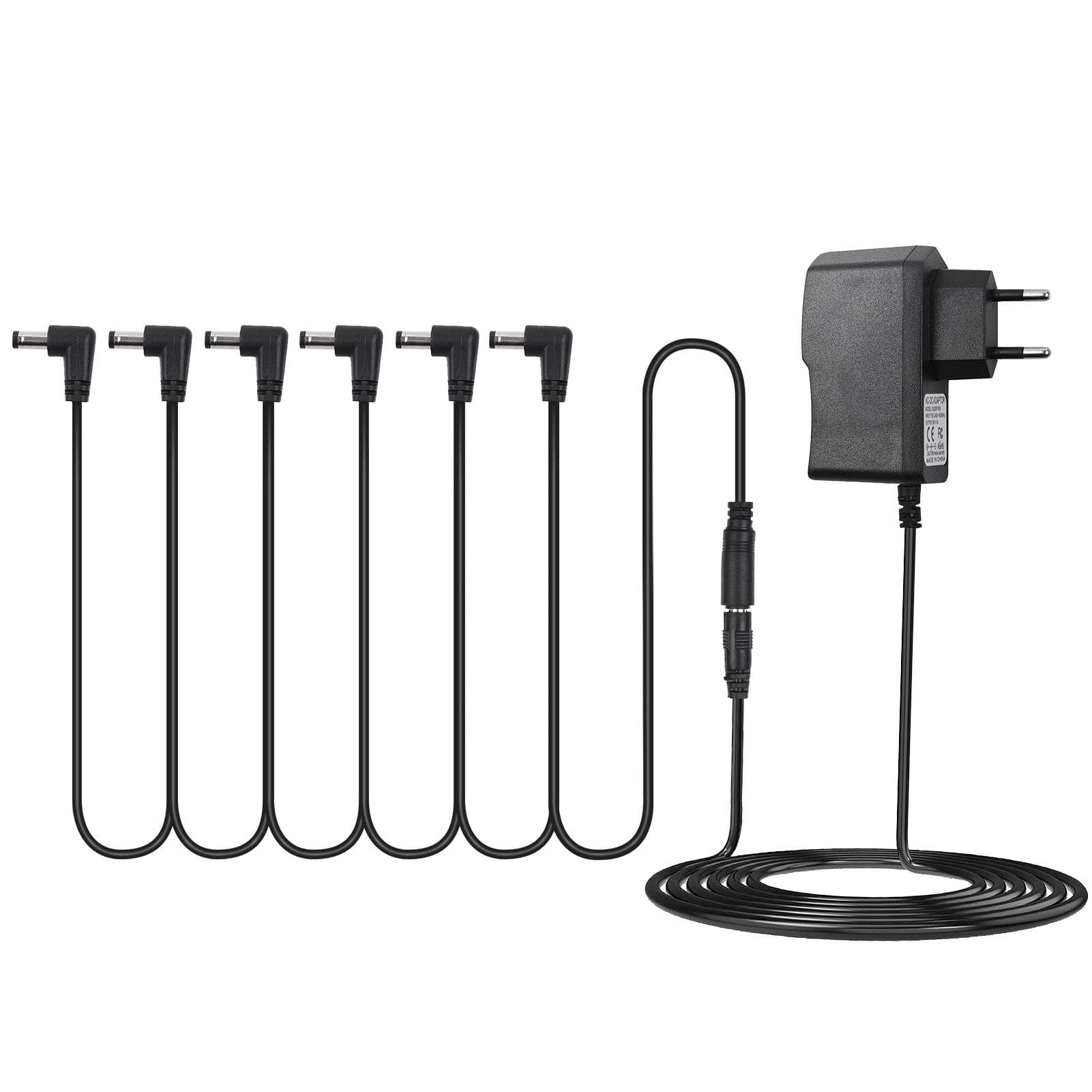 Guitar Effect Pedal Power Supply Adapter with 6 Ways Daisy Chain Cable Power Line Right Angle EU Plug