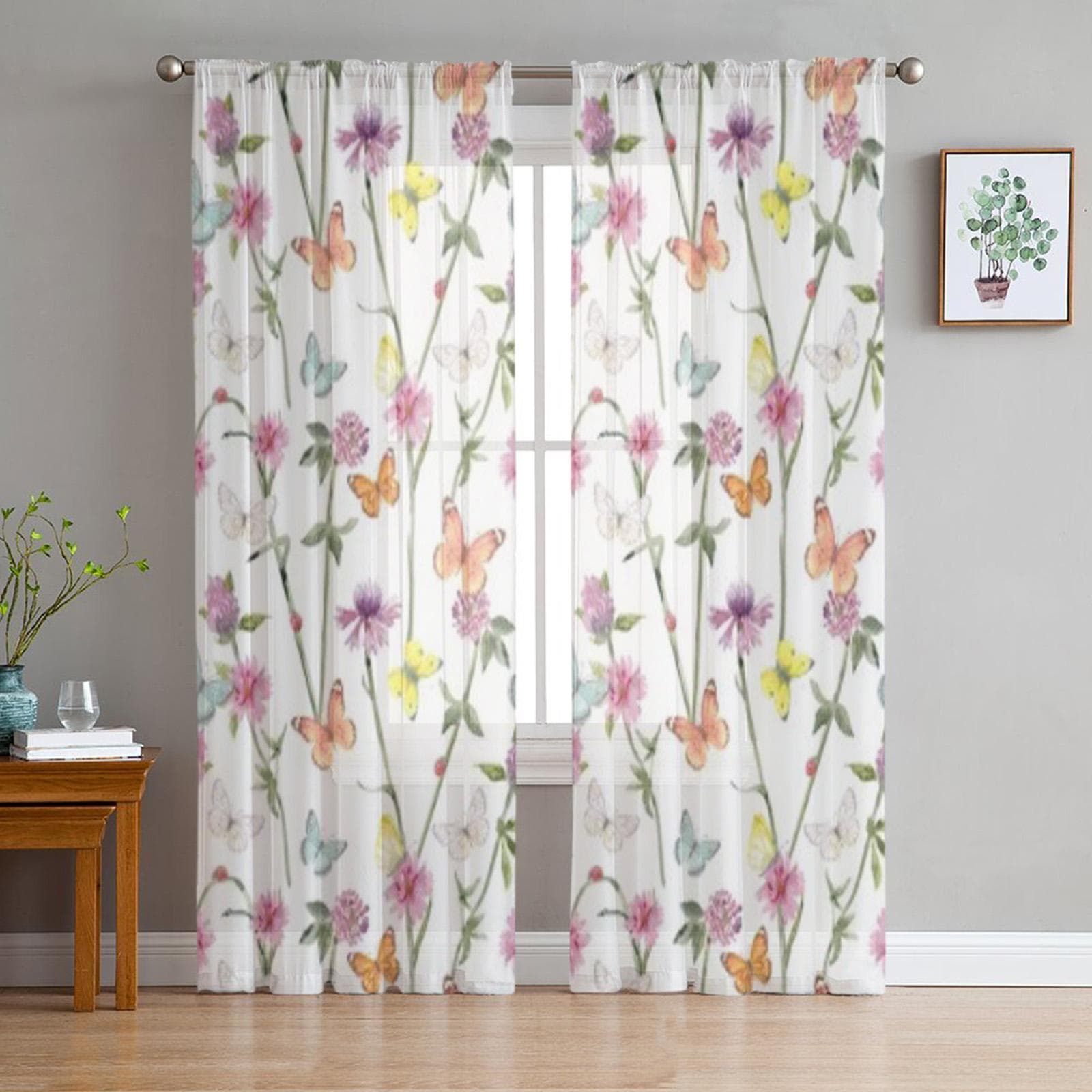 Butterfly Luxurious Chiffon Sheer Curtains for Living Room Bedroom Decoration Window Voiles Tulle Curtain 135W x 114H(cm)