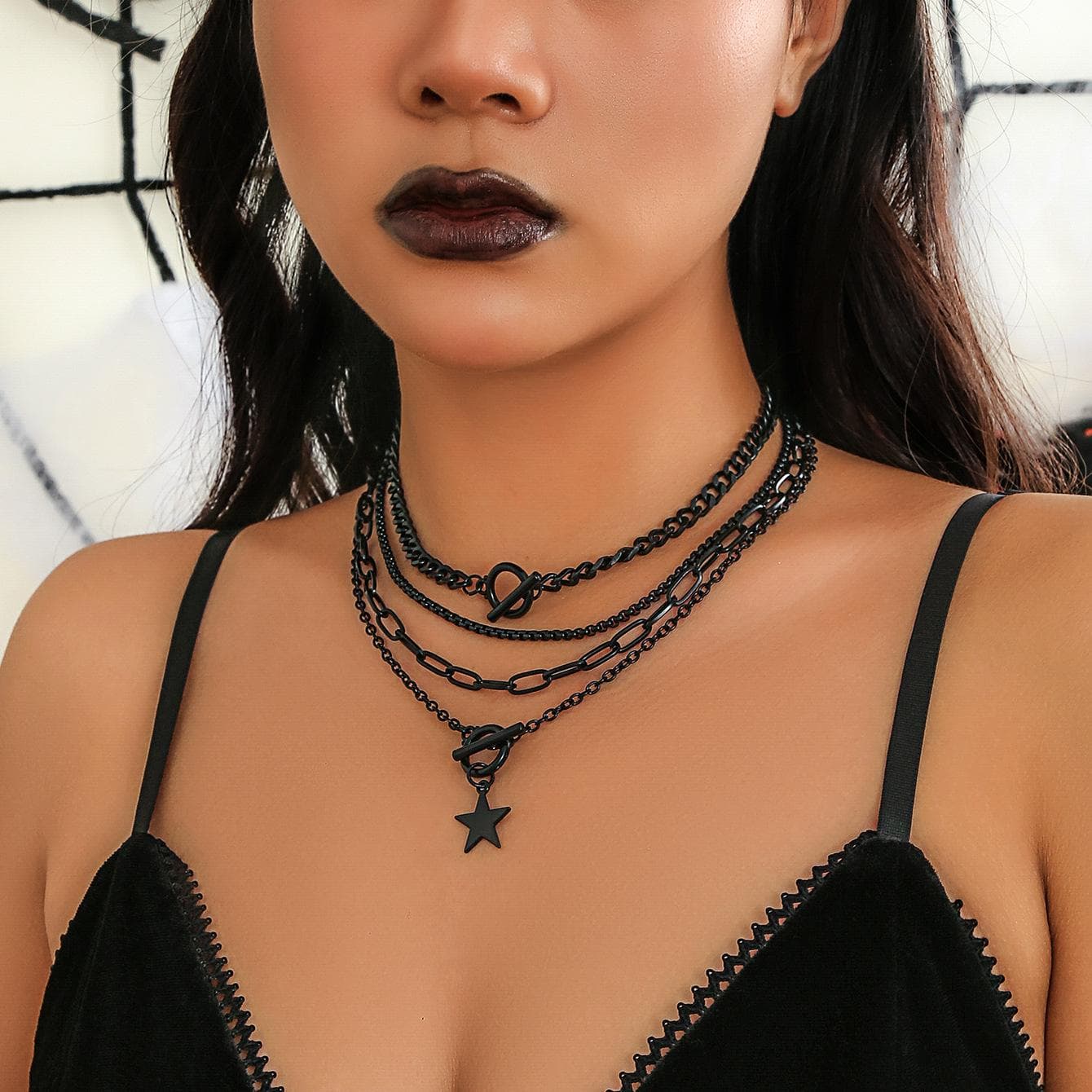 Gothic Multilayer Black Heart Pendant Necklace Set Women Punk Clavicle Chain Necklace Jewelry Gift star