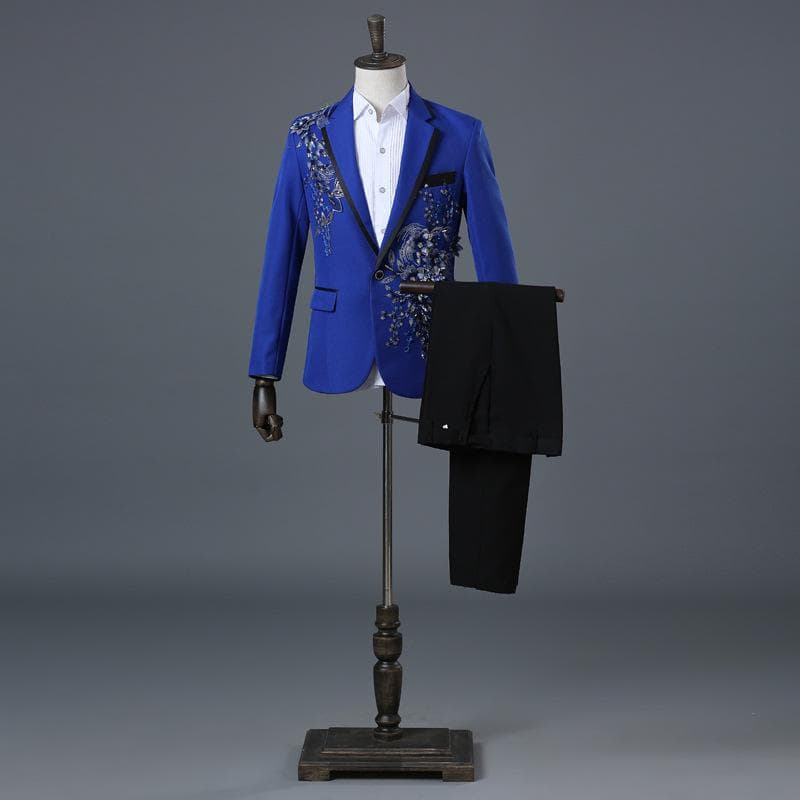 Elegant Appliqued Mens Suits Slim Fit 2 Piece Formal Tuxedo Suits Blazer Pants with Bow Tie for Wedding Prom L blue