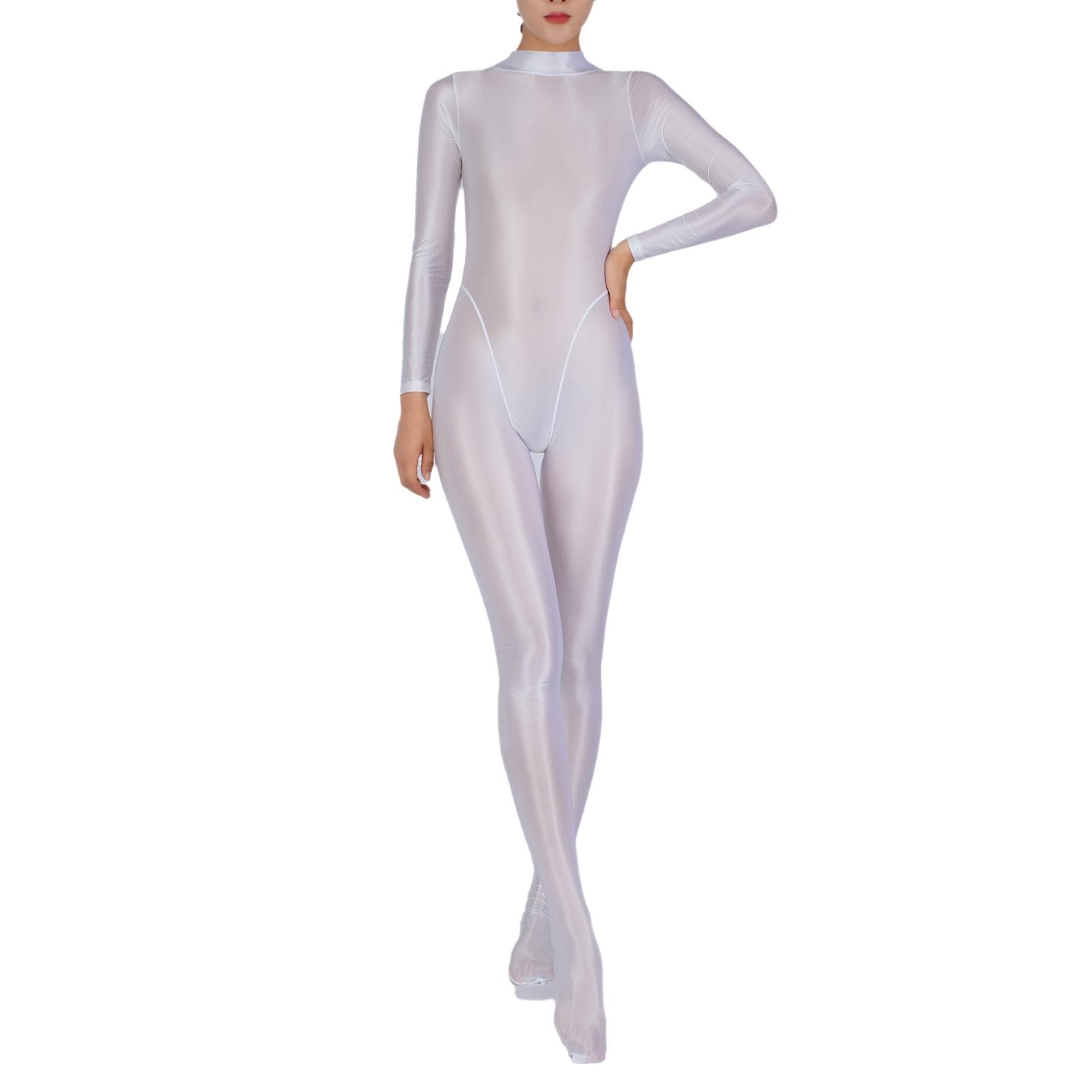 Womens Full Body Jumpsuit Sports Gym Yoga Tights Bodysuit Mock Neck Long Sleeve Footed One Piece Jumpsuit Clubwear Sportwear M/L white