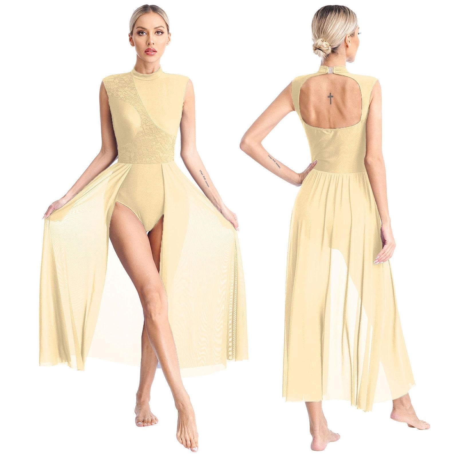 Womens Contemporary Lyrical Dance Dress Ballet Gymnastics Leotard Sleeveless Chiffon Flowy Dress Stage Performance Dancewear L champagne