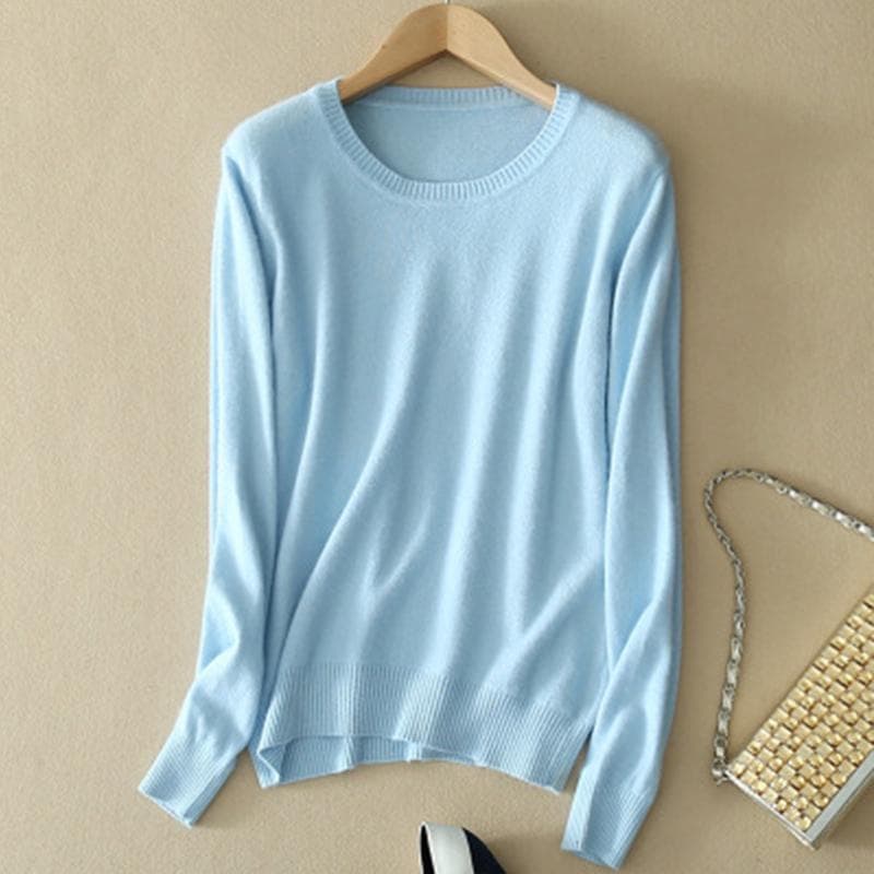 Women's Cozy Knitted Pullover Sweater Crew Neck Fuzzy Slim Fit Red Black Sweater M light blue