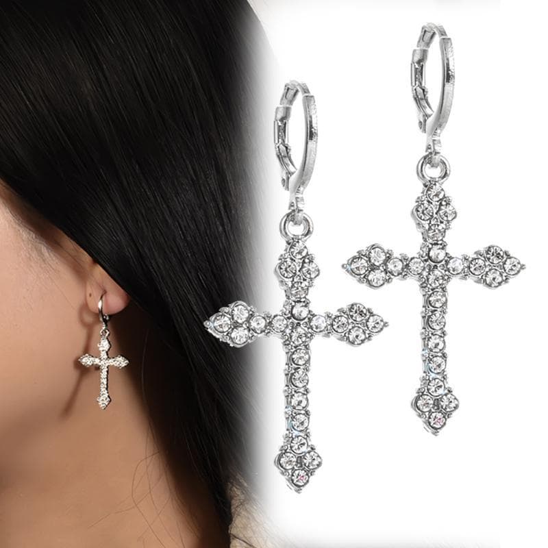 Christianity Vintage Zircon Cross Pendant Earring Gothic Religious Earrigs for Women Fashion Punk Jewelry Party Gifts silver