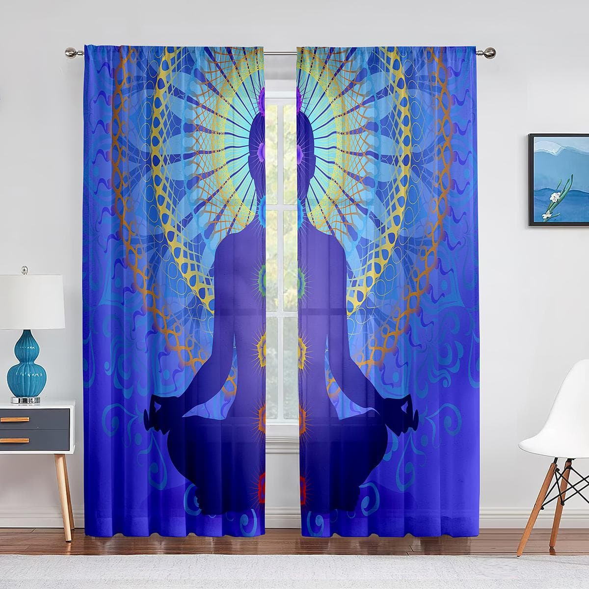 Seven Chakra Yoga Meditation Zen Sheer Curtains for Living Room Bedroom Decor Kitchen Window Voiles Tulle Curtain Drapes Blinds 1 PCS W100XH250cm&Grommet Top