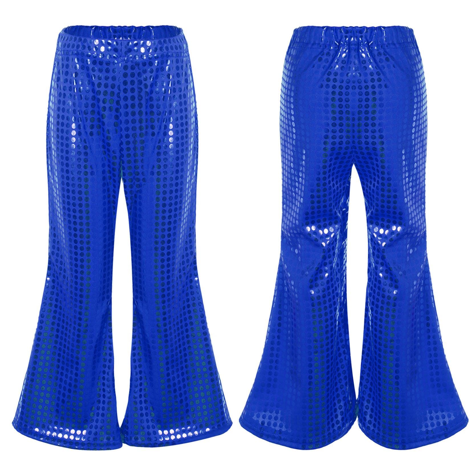 Kids Flared Pants Boys Girls Shiny Sequins Elastic Waist Bell BottomTrousers for Jazz Disco Modern Dance Stage Performance Pants 13-14 Years