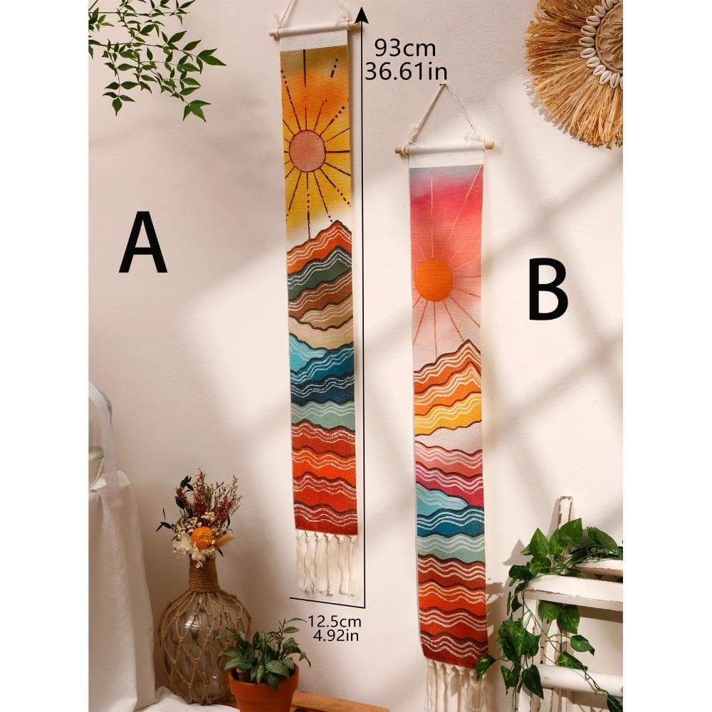 Macrame Wall Tapestry Mountain & Sunrise and sunset Boho Home Decoration Tapestry Wall Hanging Room Decors Aesthetic Wall Decor A