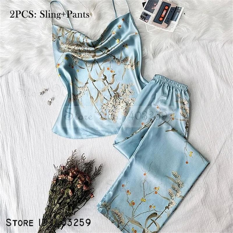 New Female 4PCS Pajamas Set Spring Summer Satin Sleepwear Intimate Lingerie Print Cherry Flower Nightgown Loose Home Clothes S
