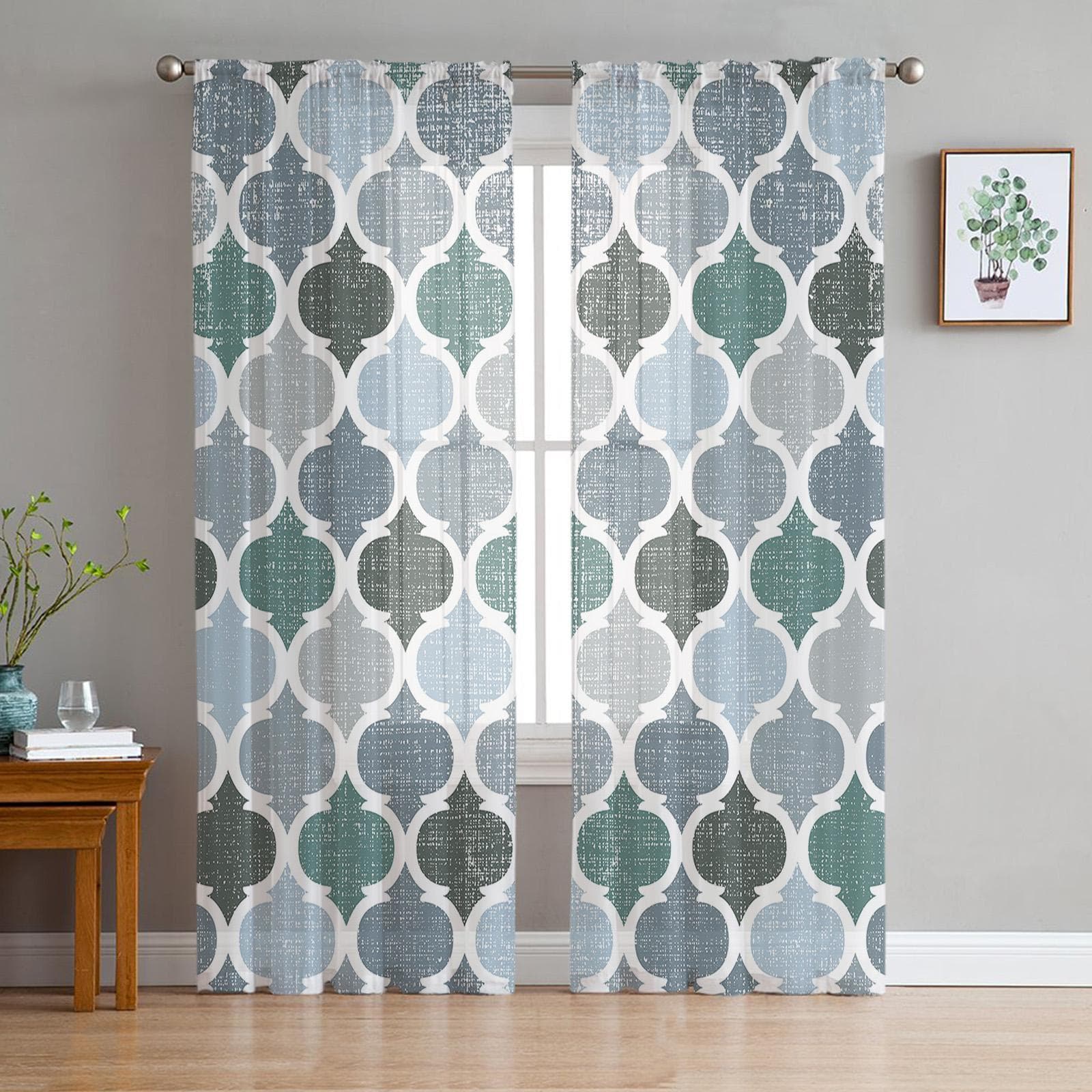 Green Grey Geometric Moroccan Retro Voile Sheer Curtains Living Room Window Tulle Curtain Kitchen Bedroom Drapes Home Decor 135W x 114H(cm)
