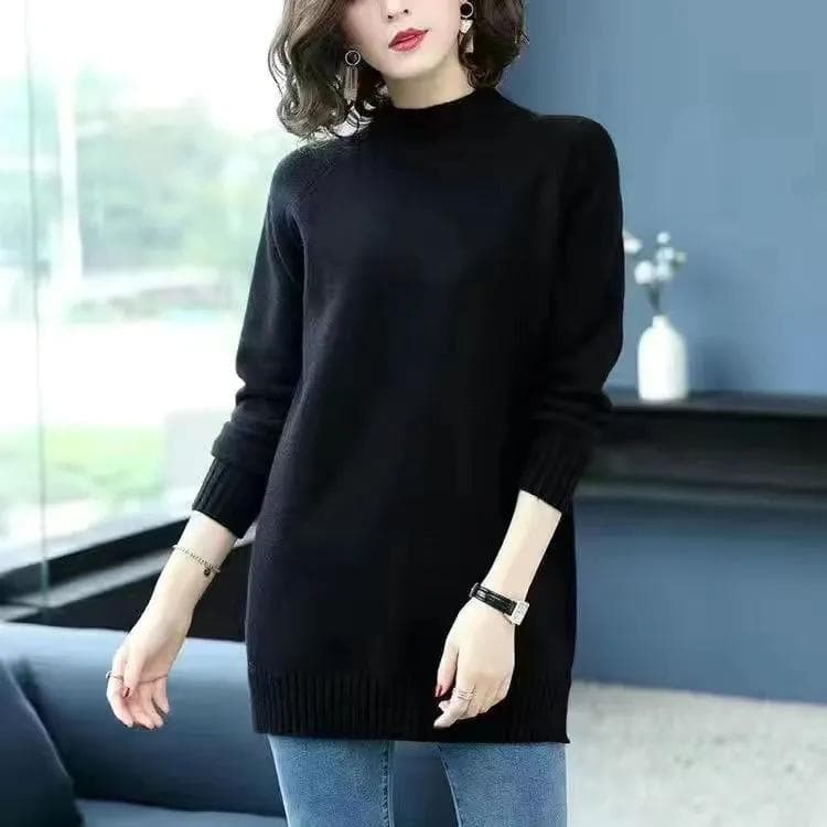 Mid-length Plus Size Sweater Women's Autumn and Winter Loose Solid Color Inner Pullover Bottoming Sweater M black