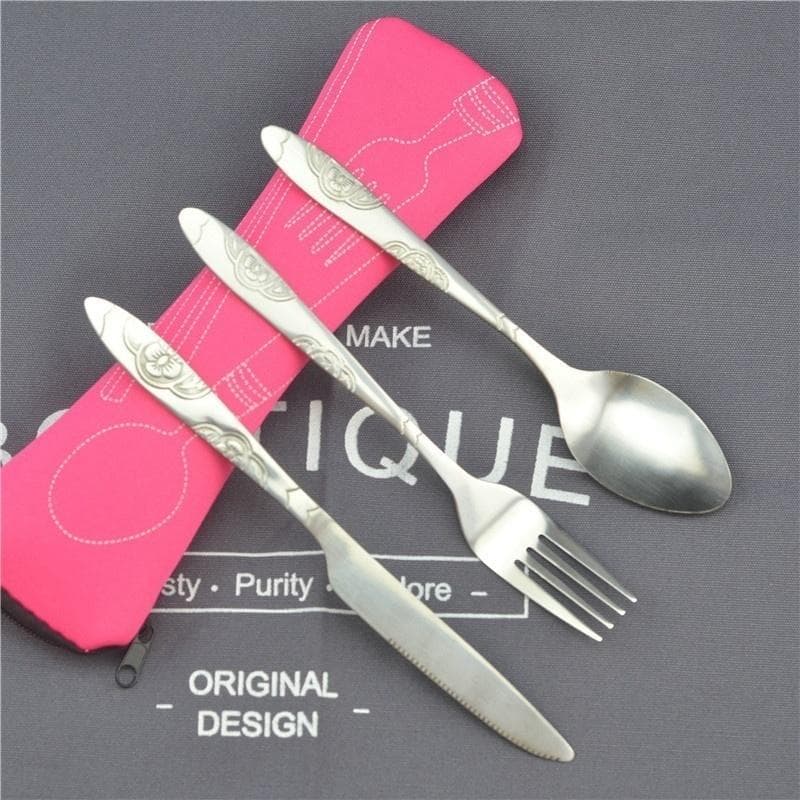 3pcs/7pcs Set Dinnerware Portable Printed Stainless Steel Spoon Fork Steak Knife Travel Cutlery Tableware with Bag 3pcs-pink