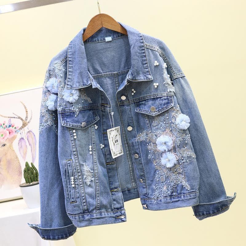 3D Embroidered Jean Jacket Three-dimensional Flower Pearl Hole Denim Jacket Women's Loose Short Jacket Top Vintage Denim Cardigan S blue