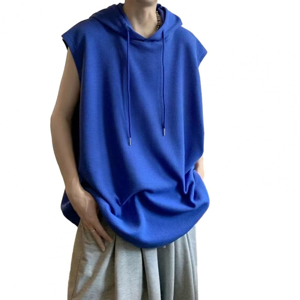 Men Summer T-shirt Vest Loose Solid Color Hooded Drawstring Pullover Mid Length Casual Sleeveless Breathable Men Tank Top XL blue