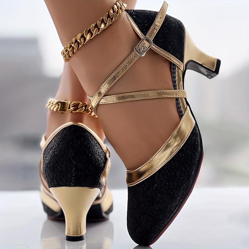 Women's Glitter D'Orsay Latin Dance Shoes, Crisscross Buckle Strap Chunky Mid Heels, All-Match Dress Dance Pumps 37 black