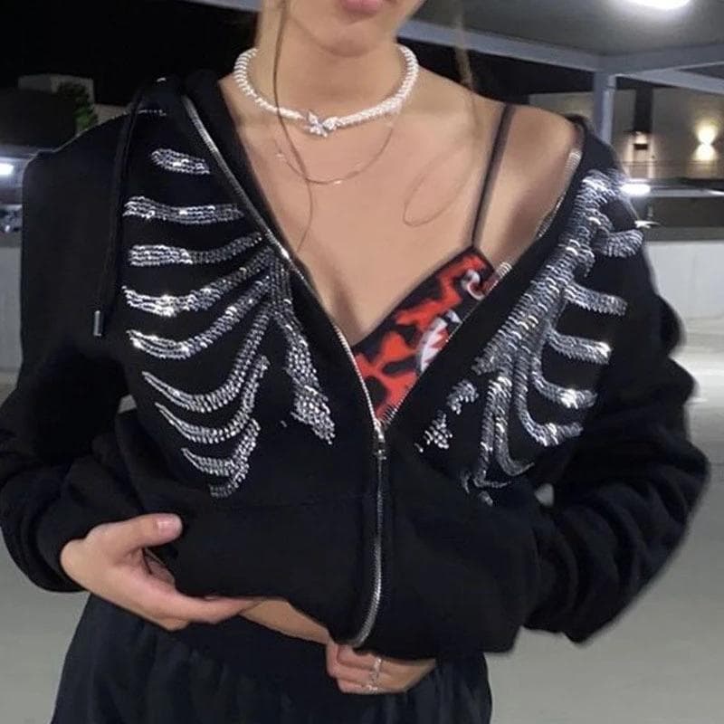 Y2K Rhinestone Skeleton Hoodies Women Gothic Black Zip Up Oversized Sweatshirts Female Retro Harajuku Hooded Jacket Streetwear M black