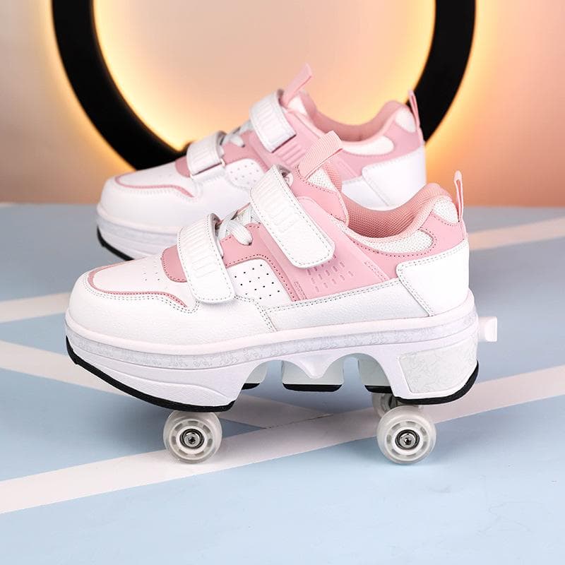 Runaway Shoes Four-wheel Pulley Shoes Boys Children Shoes with Wheels Girls Skating Shoes Double Wheel Row Deformed Shoes 35