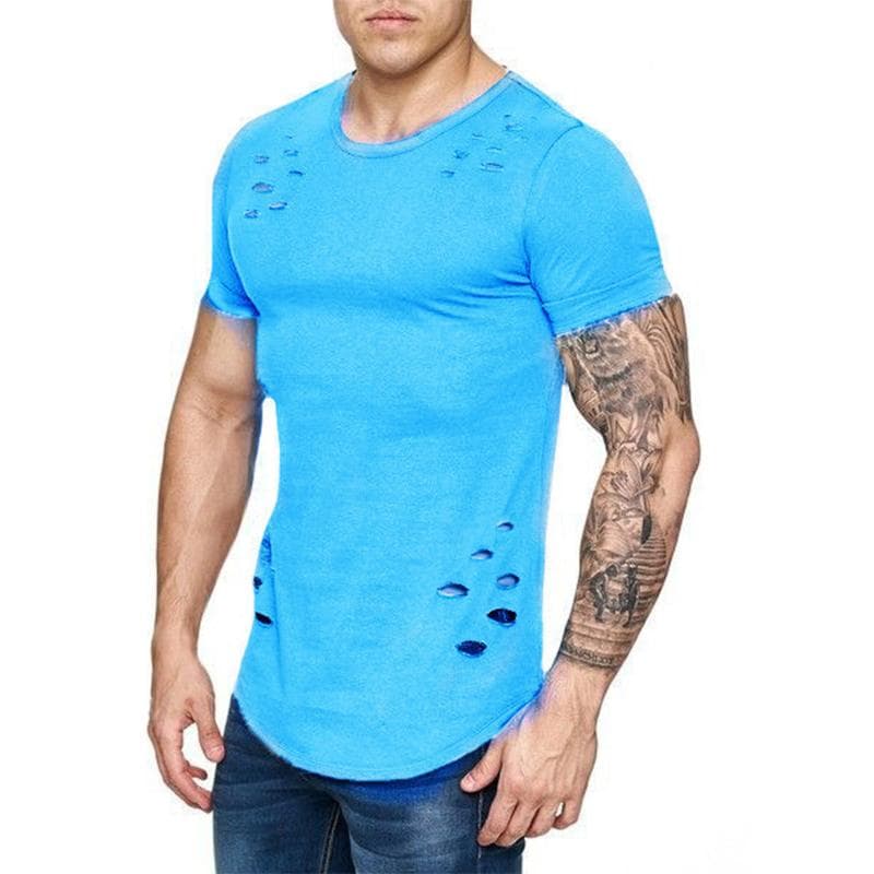 Summer T-Shirt Men Fashion Hole Distressed Fitness T Shirt Short Sleeve Solid Slim Fit Hip Hop T-shirt Yasheng L blue