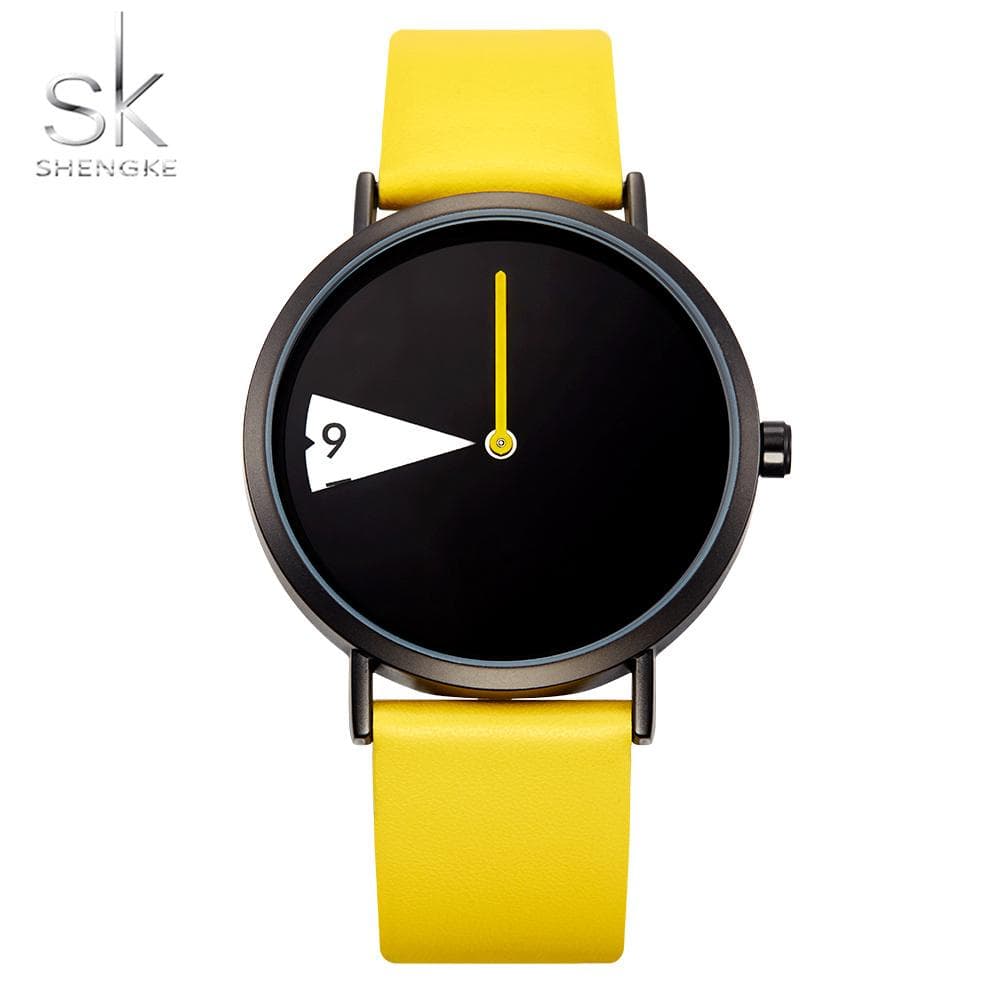 Shengke Hot Sales Creative Women's Quartz Wristwatches Ladies Watches Rotate Yellow Leather Band Clock Gifts for Friend yellow