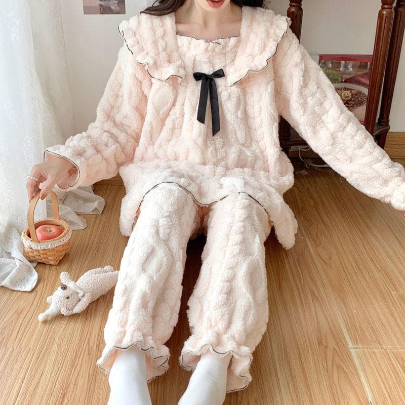 Winter Plus Size Jacquard Coral Pajama Set Women's Teddy Style Women's Warm Pajamas Girls Chubby Long Pajamas M beige