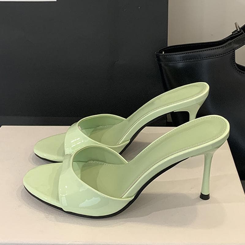 Wine Red Patent Leather Women Slippers Sandals Fashion Round Open Toe Thin High Heels Mules Slides Summer Party Dress Shoe 35 green