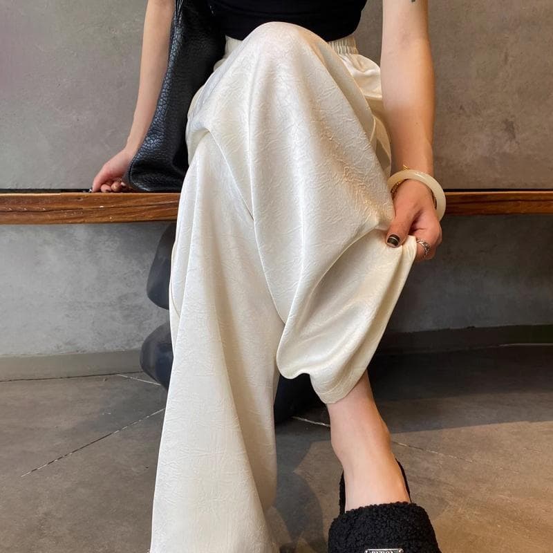 Women High Waist Casual Summer Slacks Pants Ice Silk Ankle-Length Long Trousers Female Slacks Wide Leg Pants S beige