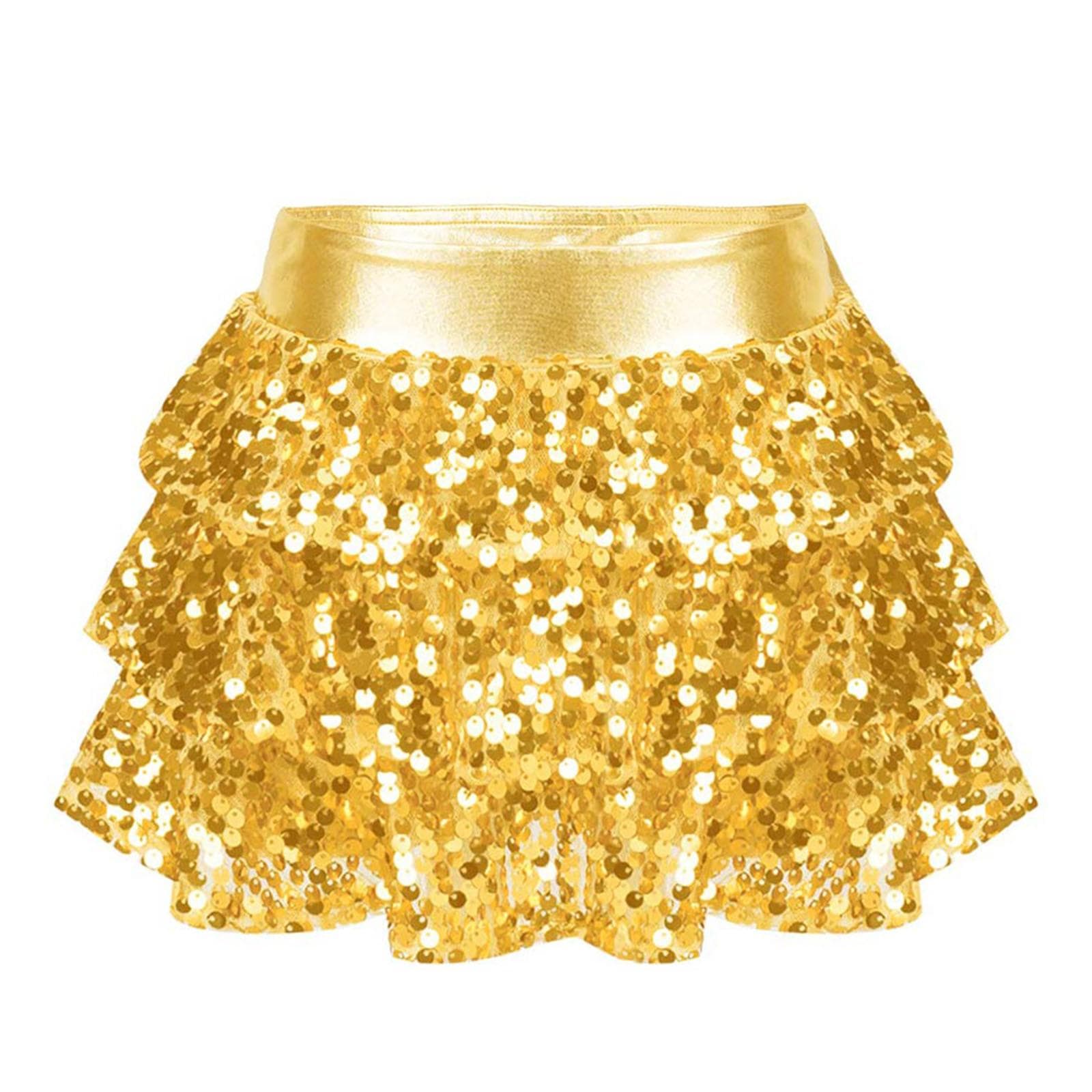 Girls Shiny Sequins Tiered Ruffle Skirted Shorts Metallic Elastic Waistband Culottes Dance Performance Costume 13-14 Years gold