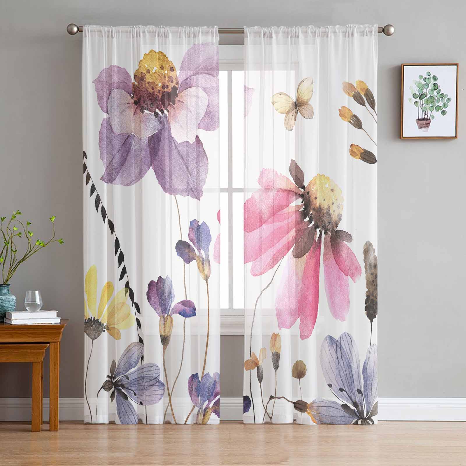 Summer Flowers Plants Flying Butterflies Rural Pastoral Style Tulle Window Curtains Bedroom Drapes in Living Room Chiffon Panels 135W x 114H(cm)