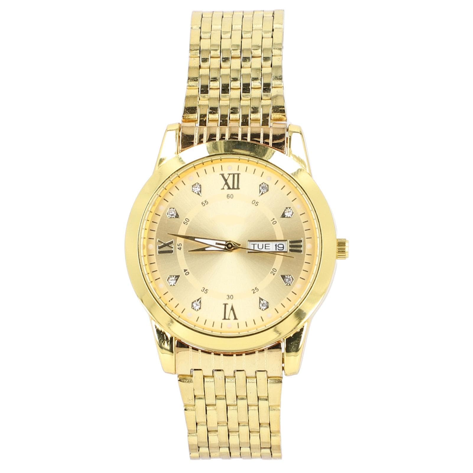 Gold Men Watch Quartz Movement Metal Strap Wristwatch Stylish Clear Night Display Double Calendar