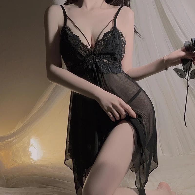 Pajamas Women's Pajamas Black Bed Skirt Sexy Bra Backless See-through Flower Lace Suspender Pajamas Women L black