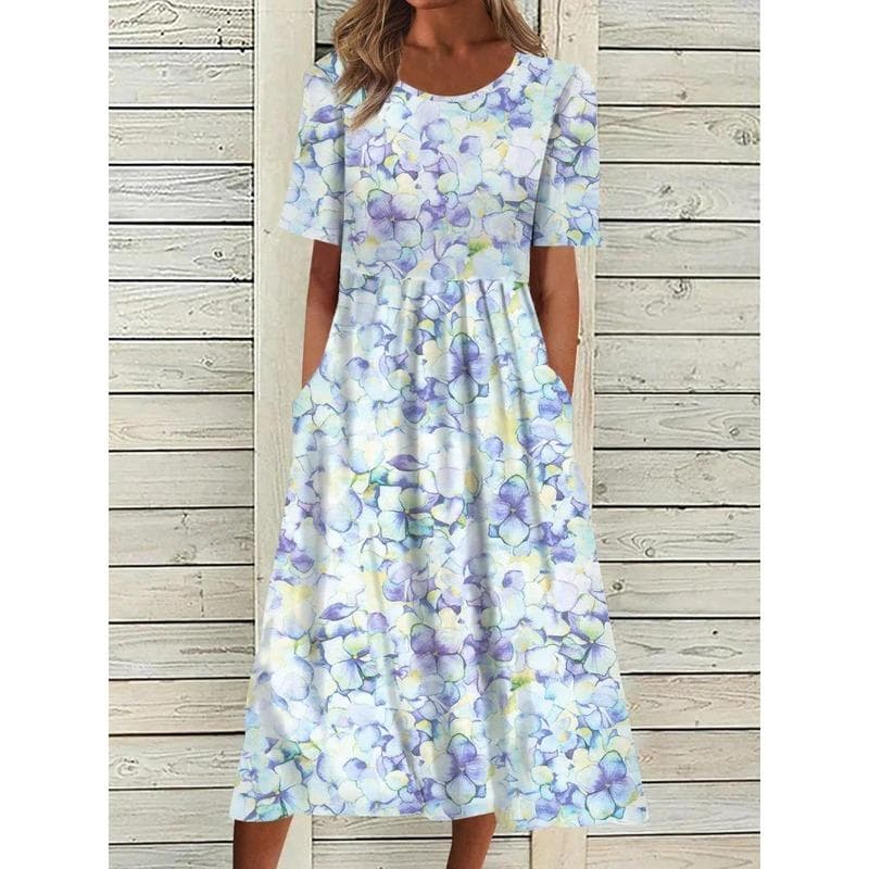 YYFS Women's Fashion Summer Spring Flower Pattern Print Short Sleeve O-Neck Middle Waistline Casual Dresses XXL
