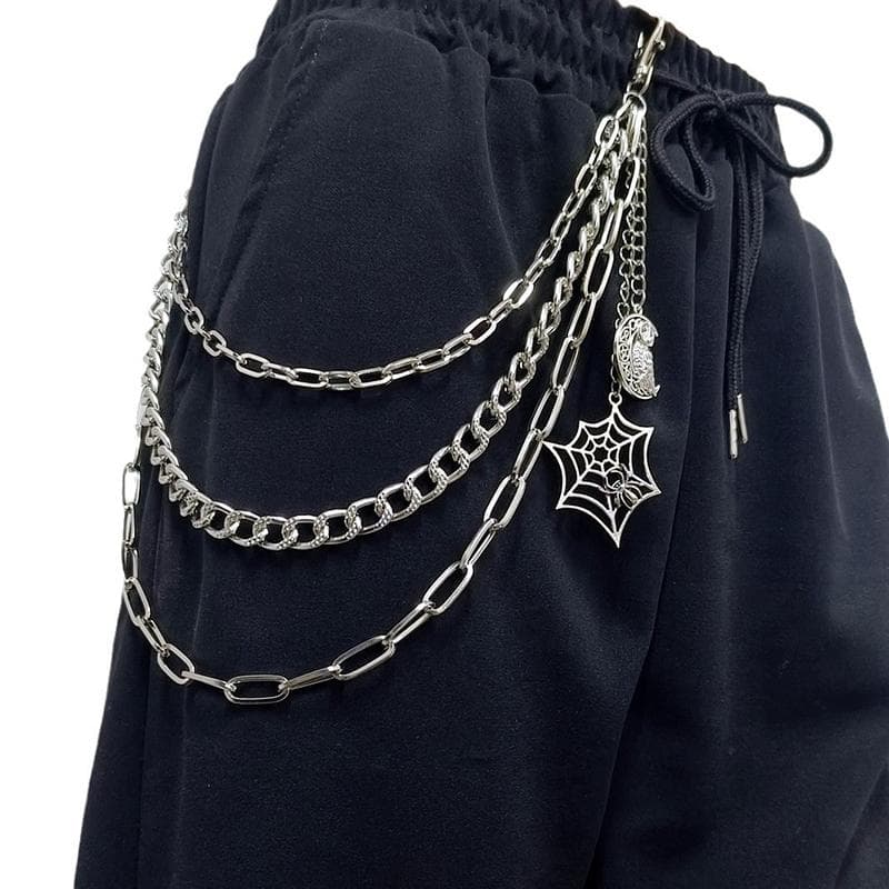 Punk Metal Spider Web Skeleton Pendant Waist Chain Multilayer Jeans Chain Hip-Hop Pants Chain Clothing Accessories Gifts A3