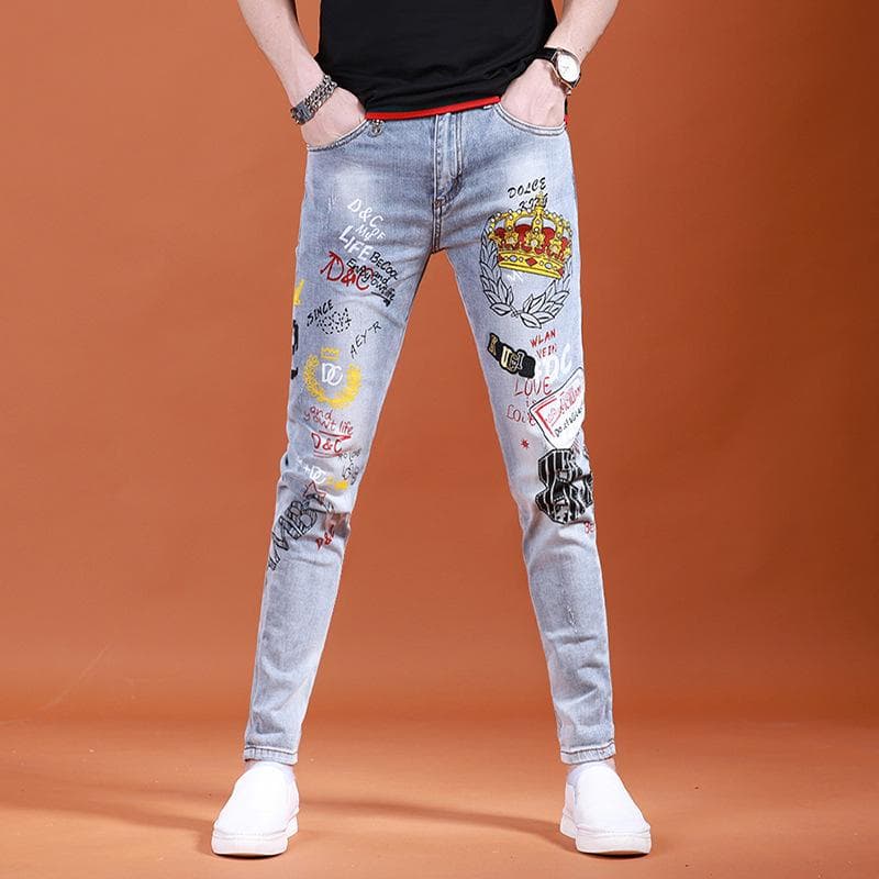 Men's Autumn European Slim-Fit Stretch Jeans with Hot Diamond Print - Trendy, Handsome, and Casual Long Pants 27 (Recommended Weight 80-90 Jin)