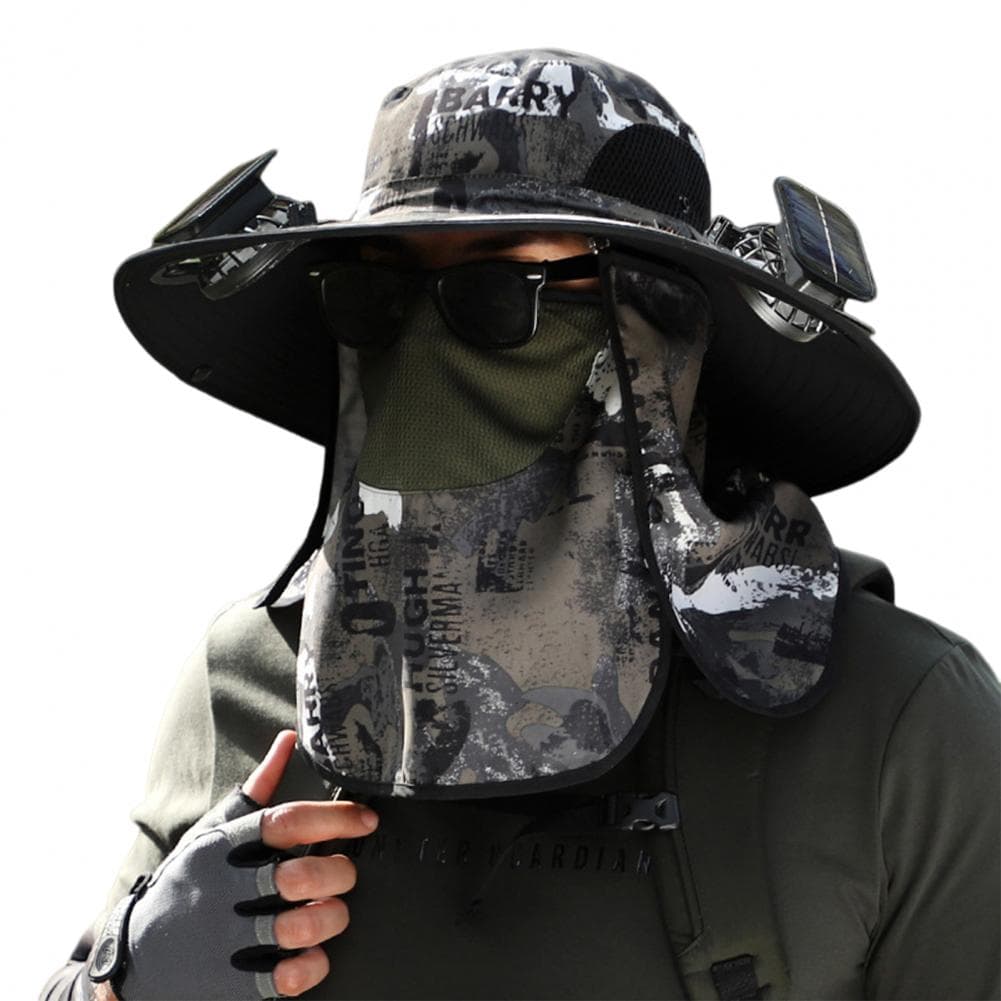 Solar Fan Fisherman Hat USB Charging Sunscreen Sun Hat with Dual Fans All Round Sun Outdoor Adventure Hat with Shawl brown