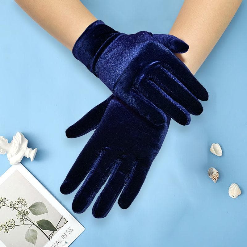 Short Opera Velvet Gloves for Women Flapper Stretchy Wrist Length Banquet Gloves Tea Party Halloween Costume Gloves blue