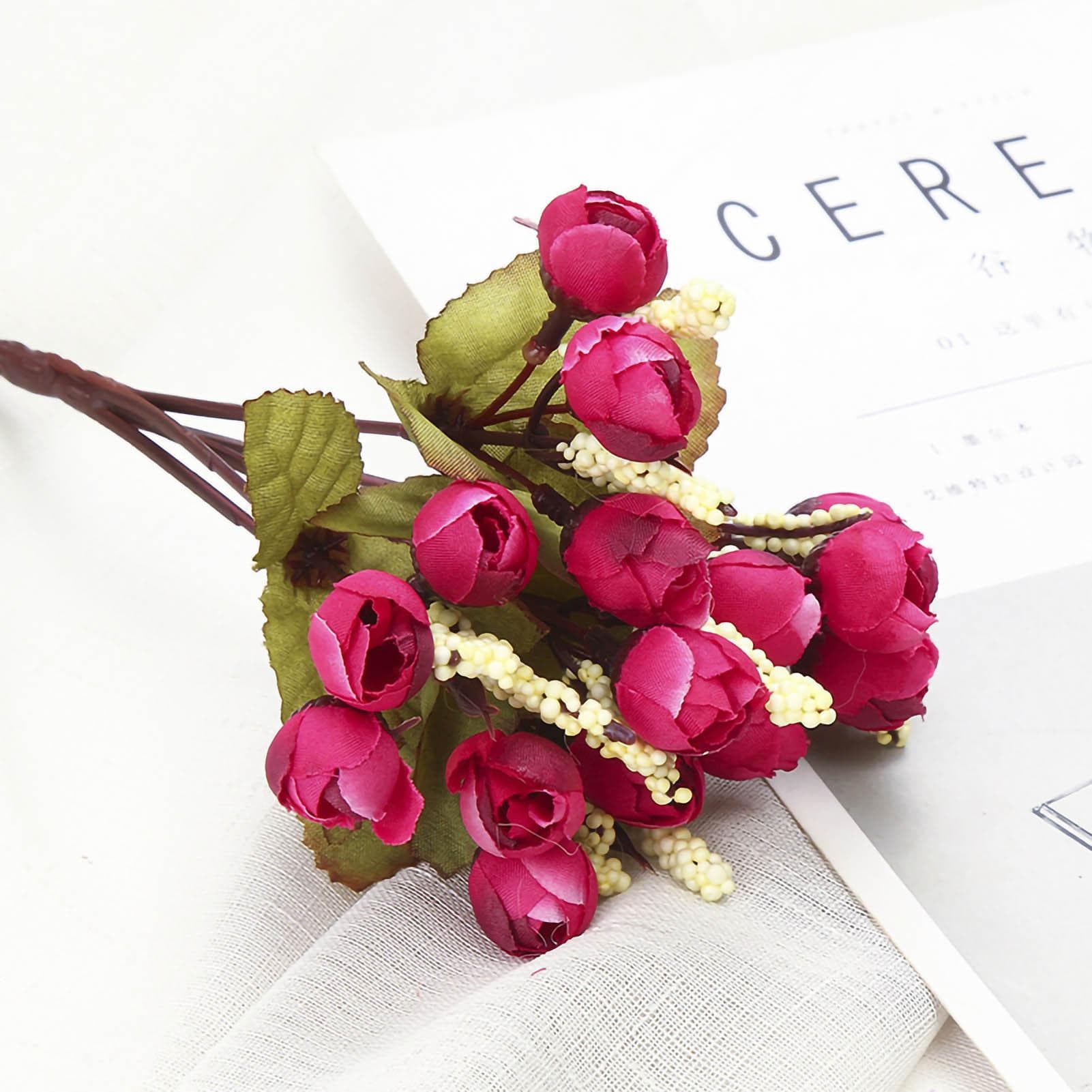 Artificial Fake Flower Mini Rose Tea Bud Simulation Rose Flower Pearl Bud for Living Room Flower wine red
