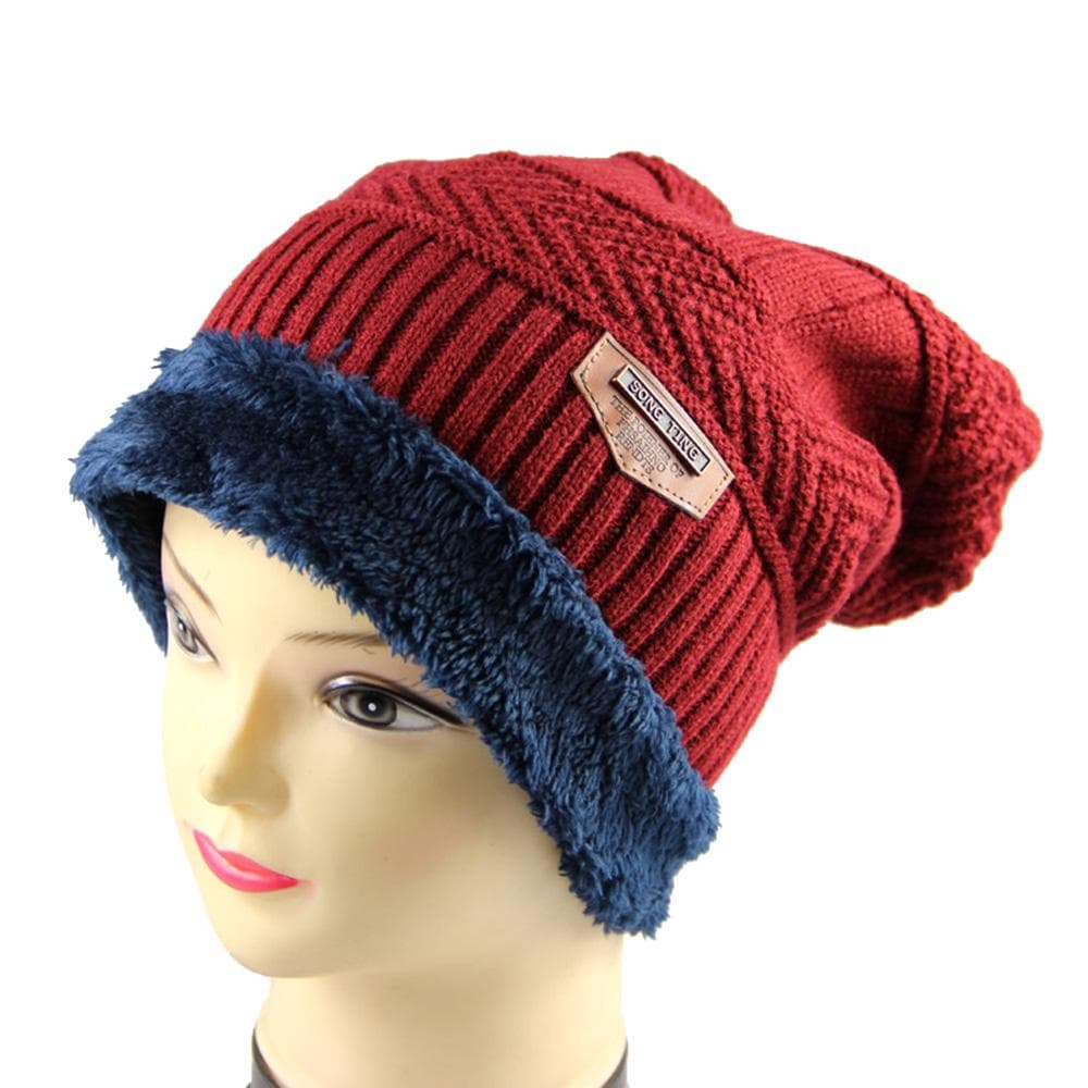 Men Winter Warm Knitting Hat Soft Warm Knitted Cap Wine red