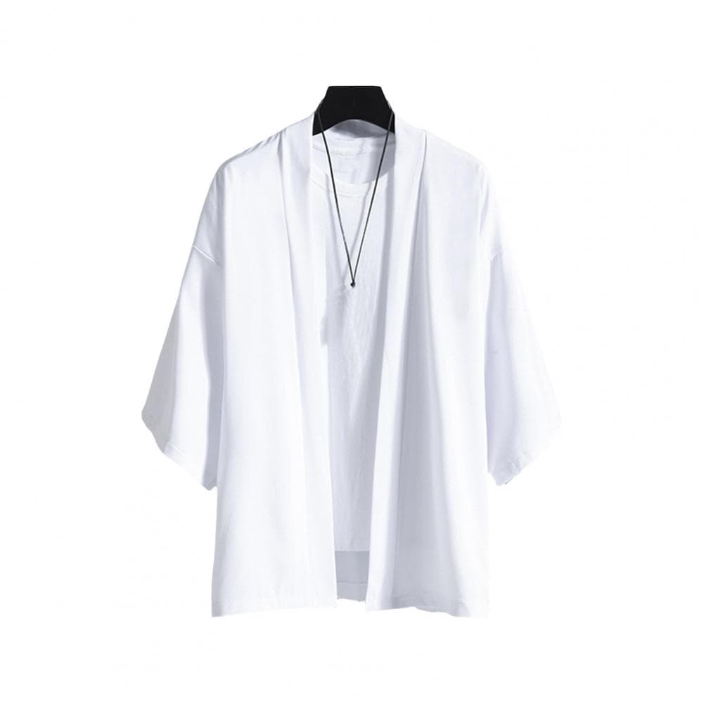 Spring Summer Men Shirt Cardigan Chinese Style Three Quarter Sleeves Open Stitch Loose Casual Wear School Dating Mid Length Top M white