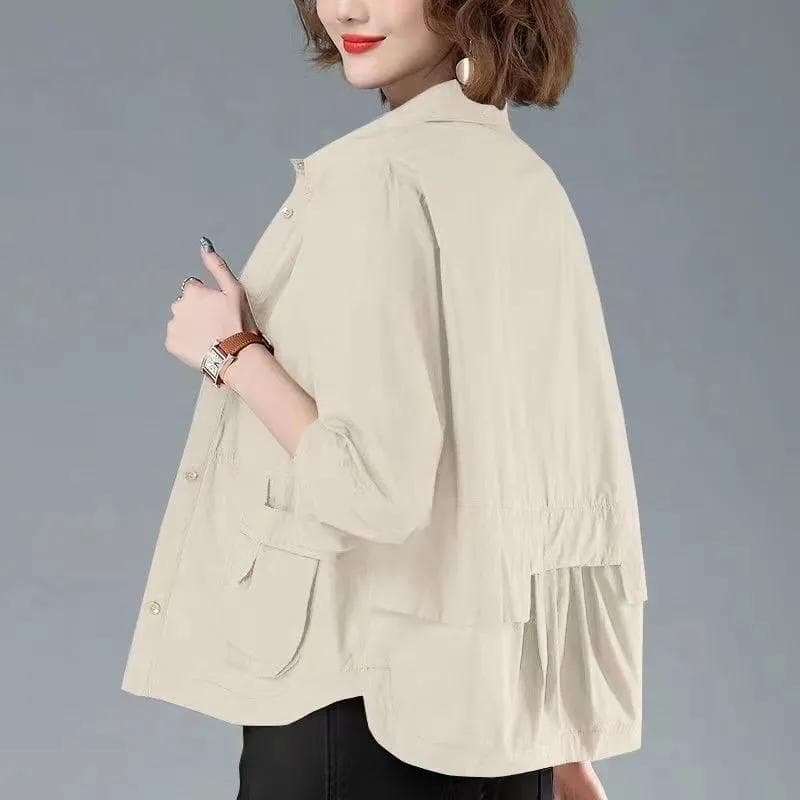 Mock Neck Thin Sunscreen Jacket Trench Coat Short Jacket Women's Spring Summer Zippered Cardigan Bomber 3XL apricot