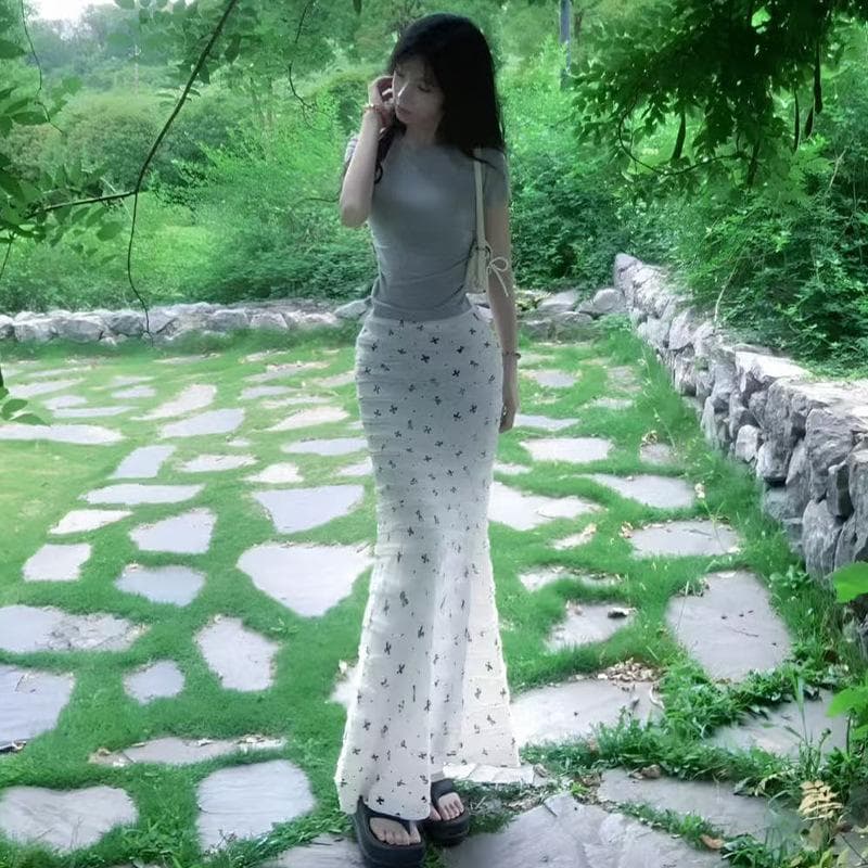 White Bow Floral Skirt for Women New Summer High Waist Slim Slim Hip Skirt Fishtail Long Skirt L